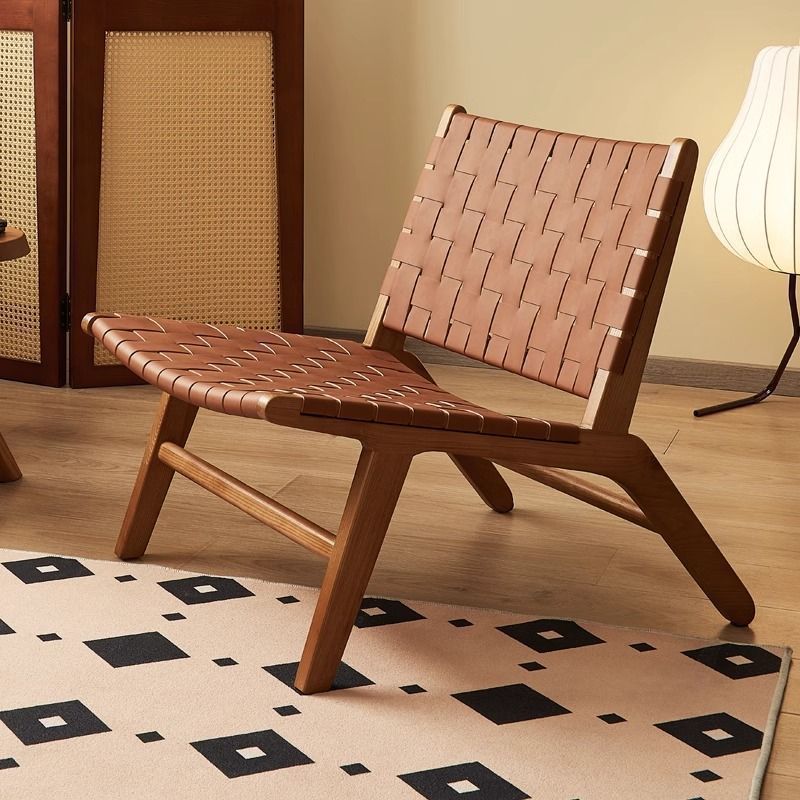 Saddle Leather Chair Solid Wood Retro Leisure Lazy Chair Simple Rope Backrest Internet Celebrity Adult Log Lounge Chair Sofa Chair