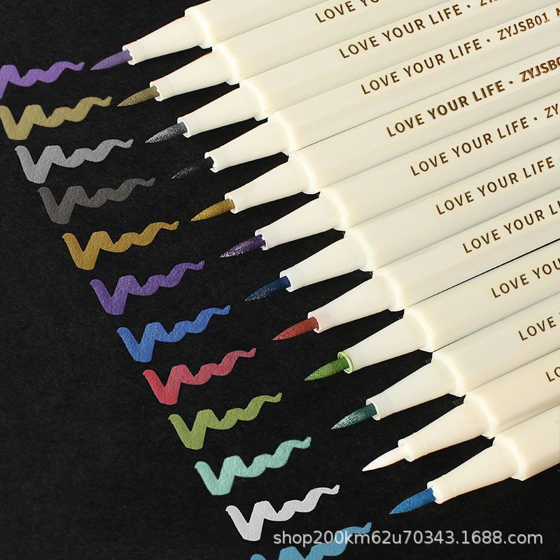 Pearlescent 12 Color Paint Pen Metal Pen Marker Pen Color Soft Pen Brush DIY Photo Album Metal Color Pen