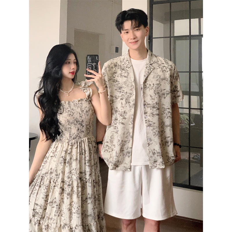 2024 Summer Couple Dress Beach Dress Slim-fit Elegant dress Men's Floral Shirt Short-sleeve