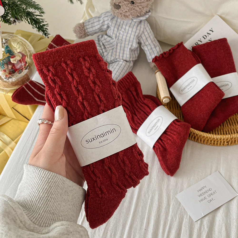 suxinaimin Year of Life Red Socks Women's Year of the Snake New Year Ins Angora Red Wool Christmas Pile Socks