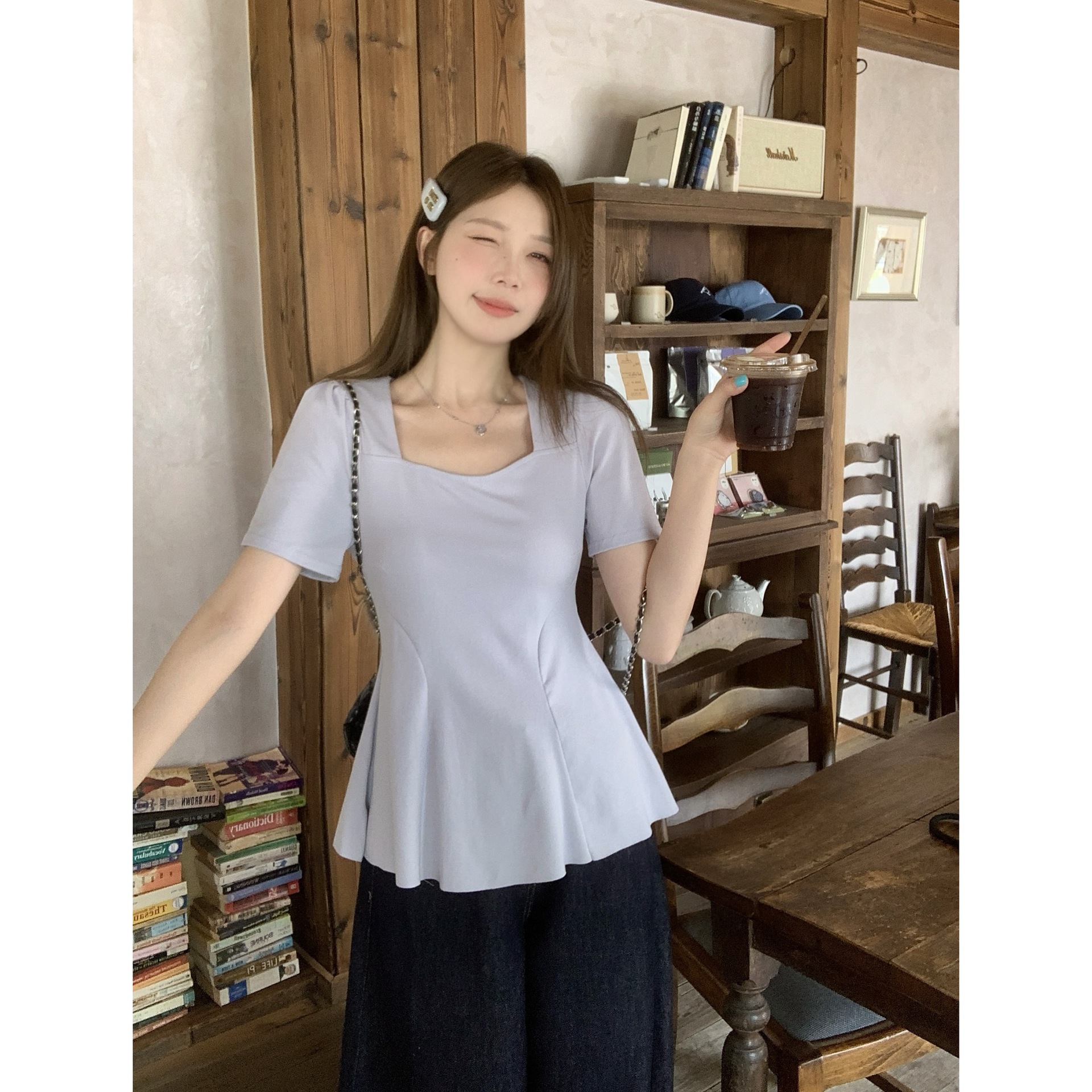 Real shot 2025 summer new chubby girl plus size waist pleated hem T-shirt pure square collar shoulder jacket 64582