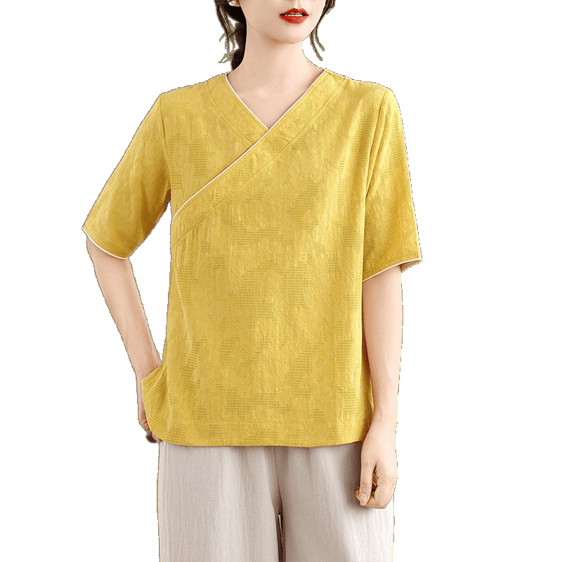 Summer New Style Chinese Women's Clothing, Artistic Retro Cotton and Linen Short-Sleeved Collared Tops, Casual Zen Tea Suits
