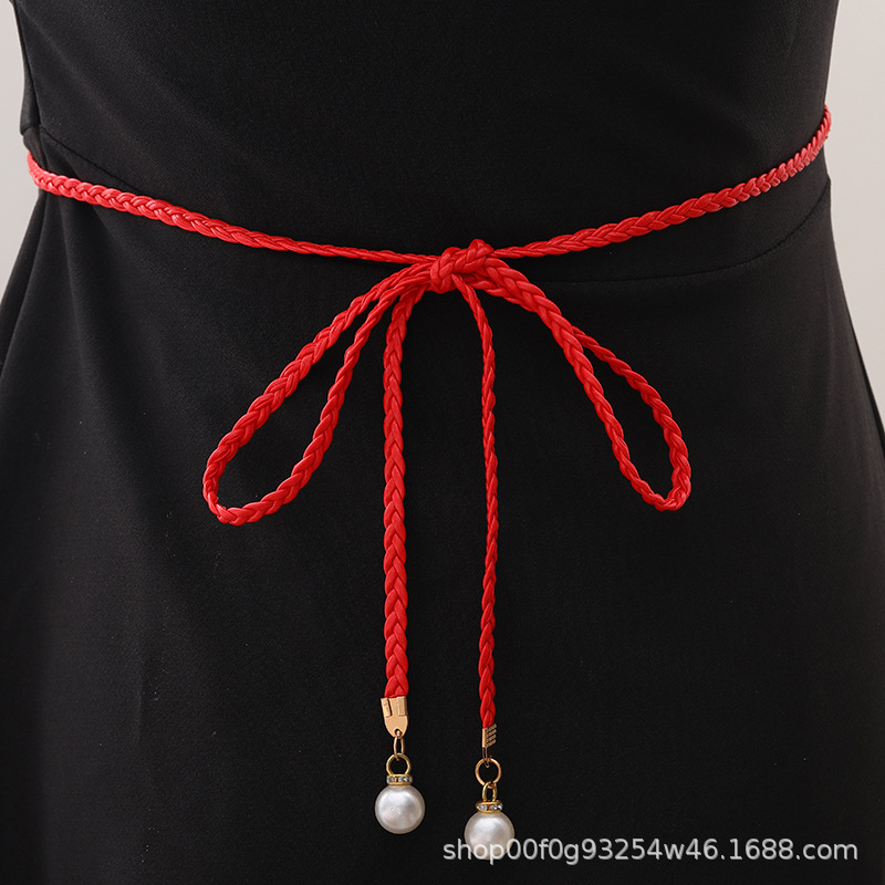Women's fashion woven waist rope knotted waist chain dress with simple decorative Pearl thin waist chain leather belt waist seal