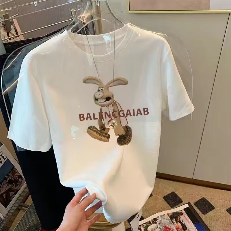 2025 New Style T-Shirt Women's Short-Sleeved Round Neck Korean Style Loose Large Size Versatile Ins Trendy Summer Women's White Half-Sleeved Top