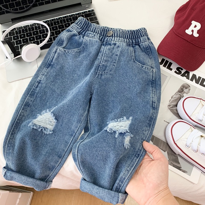 Boys' spring ripped jeans children's Korean-style all-match casual pants children's straight pants baby loose pants