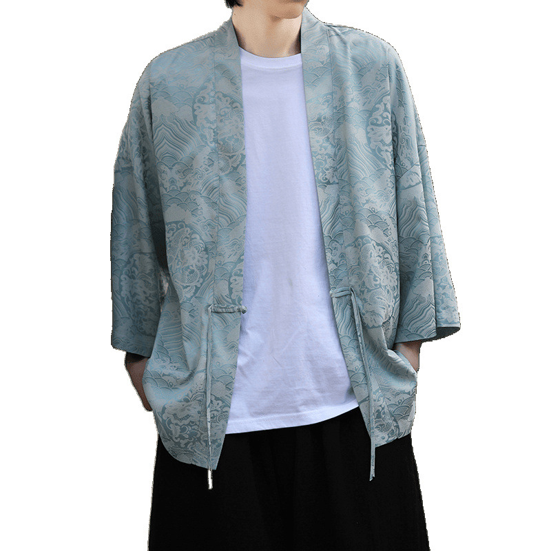 New Chinese Tang Suit Dragon Pattern Hanfu Men's Loose Summer Thin Three-Quarter Sleeve Ice Silk Robe Cape Sun Protection Jacket