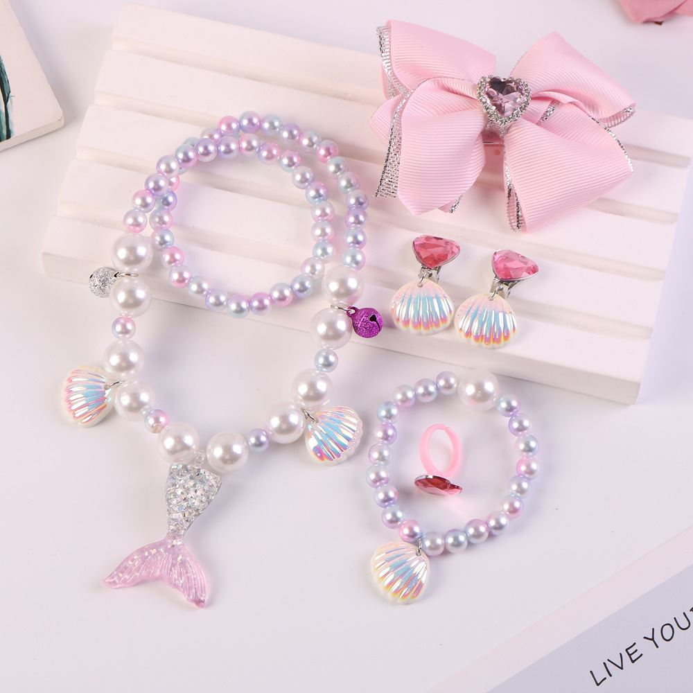Children's Mermaid Tail Bow Necklace Bracelet Little Girl Princess Shell Earring Clip Fish Scale Ring Set