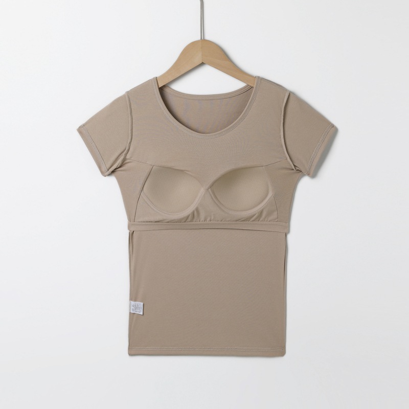 Short-sleeved Summer Breathable Sports Short-sleeved T-shirt with Chest Pad Slim-fit Round Neck Cup One-piece Slim-fit Solid Color Short-sleeved T-shirt