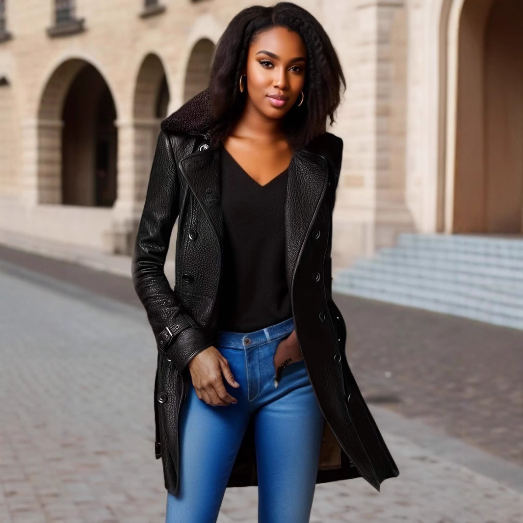 Cross-border Foreign Trade Women's Coat British-style Thickened Fur Collar Mid-length Leather Motorcycle-style Leather Jacket Women's Coat