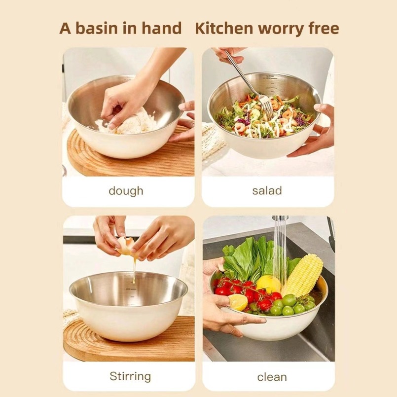 Cooking Pot Thickened Stainless Steel Salad Pot Scale Pot Egg Pot Kitchen Multifunctional Kneading and Pot Salad Bowl