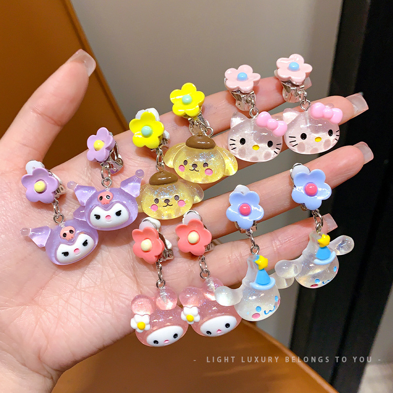 2025 New Girls Princess Kuromi Anti-Pain Fake Earrings Summer Children Cartoon No Piercing Earrings Earrings Jewelry