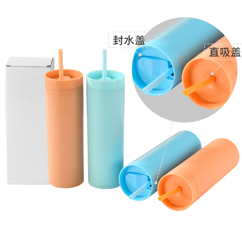 Spot cross-border Amazon frosted cup SKINNY straight sports drink cup double layer plastic 16oz sippy cup