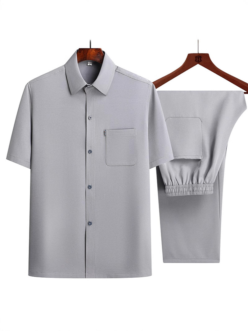 Summer Thin Ice Silk Short-Sleeved Shirt Suit for Middle-Aged and Elderly People Loose Daddy Short-Sleeved Shirt Suit