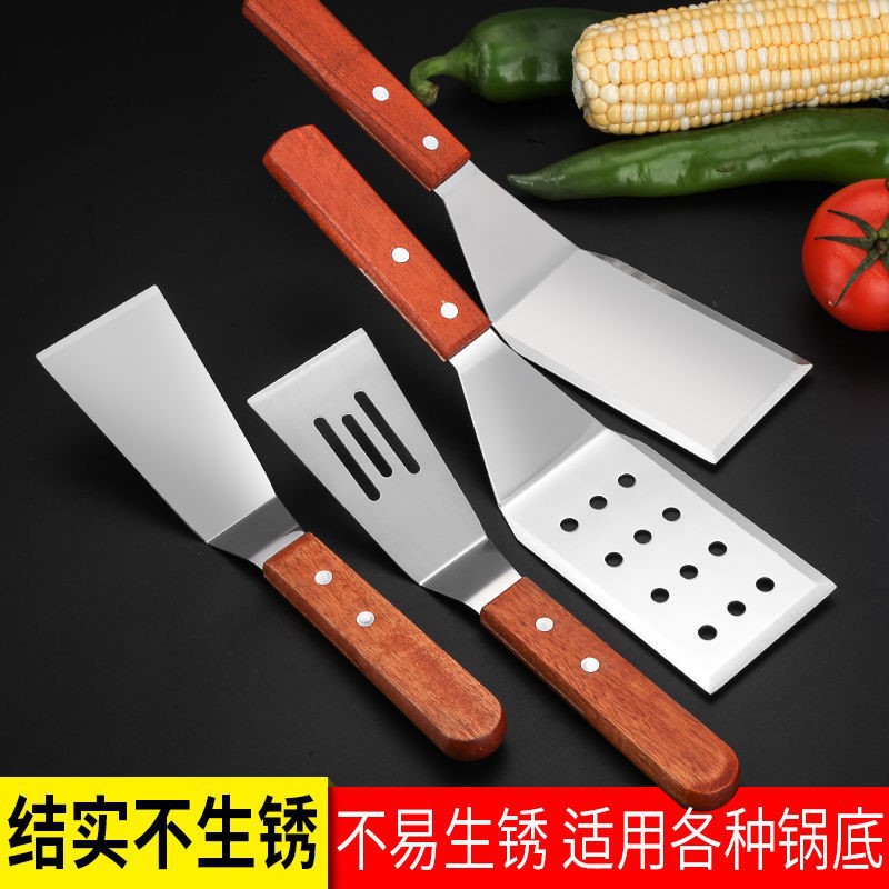 Stainless steel shovel wooden handle oblique shovel teppanyaki shovel cooking shovel barbecue shovel hand-held cake pancake fruit tool