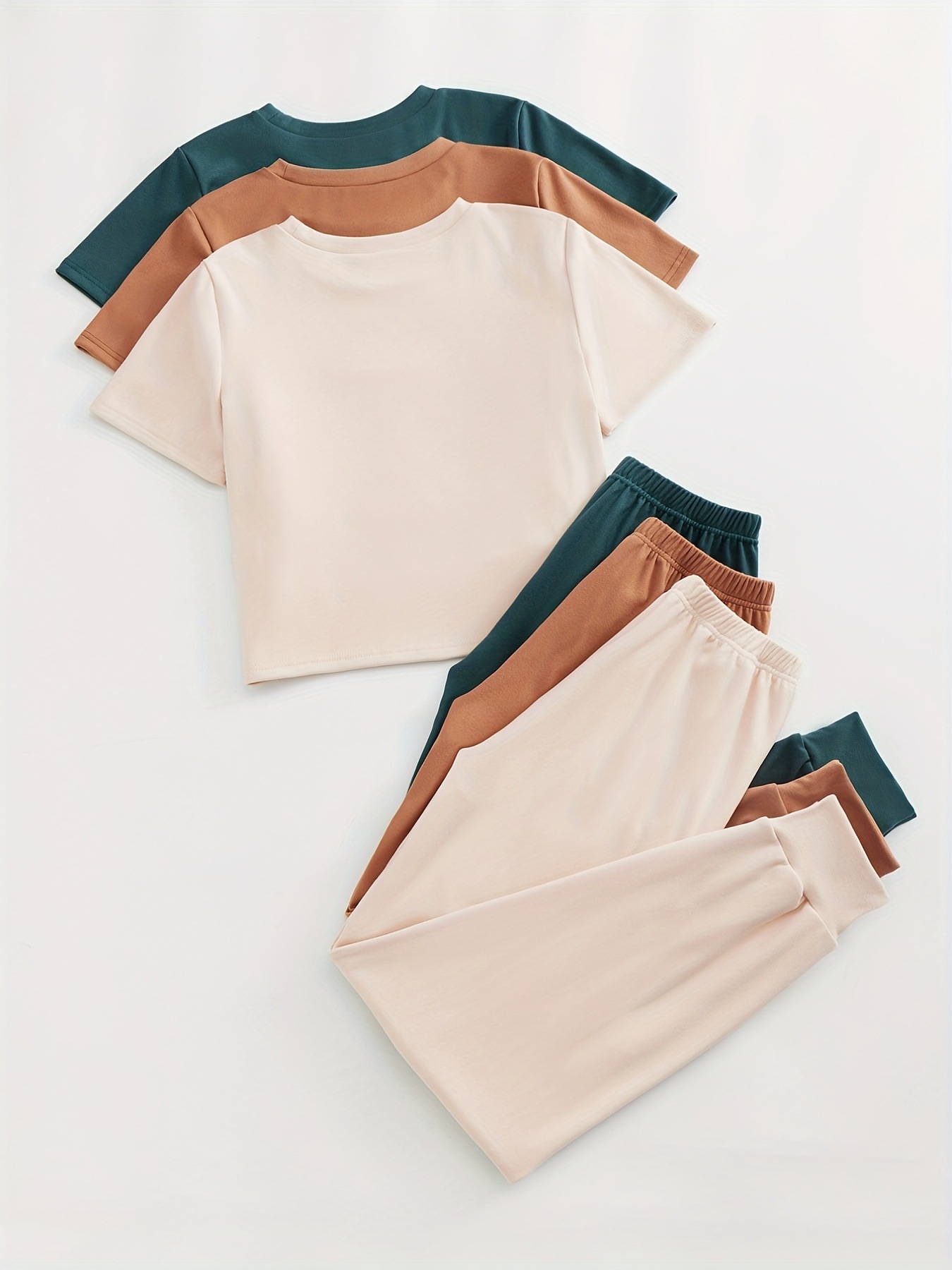 3 Sets Simple Solid Women's Loungewear, Crew Neck Short