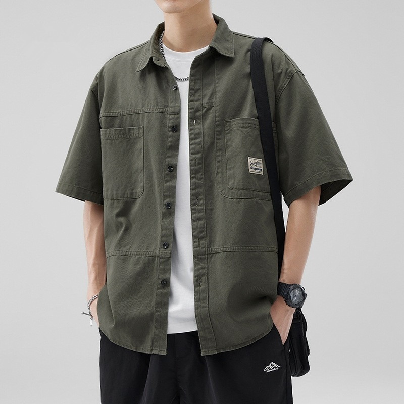 All-Match Casual Japanese Style Retro Short-Sleeved Shirt Men's Summer New Loose Casual Solid Color Workwear Shirt