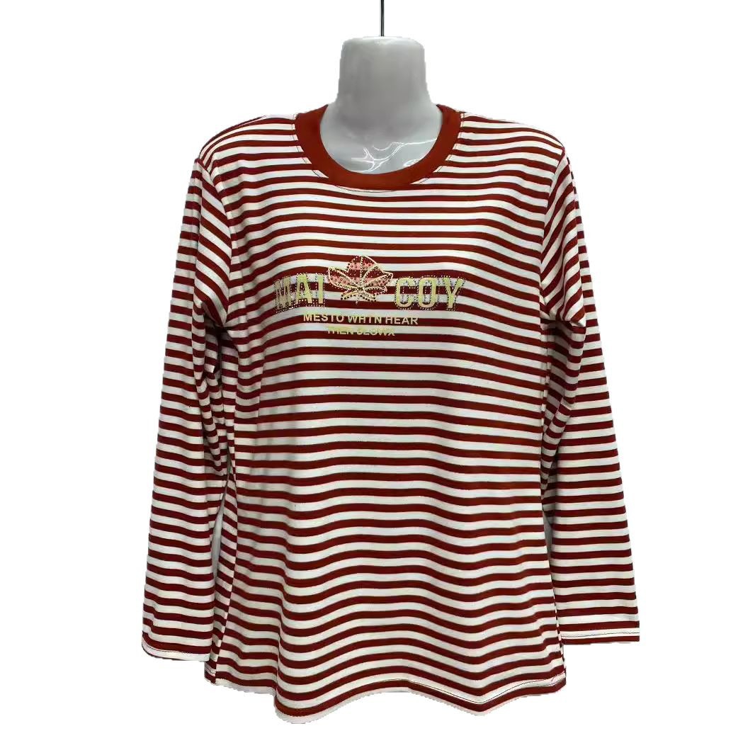 Women's Autumn Thin Stripe Tops Middle-Aged Women's Striped Round Neck Bottoming Shirts Autumn Long Sleeve T-Shirts