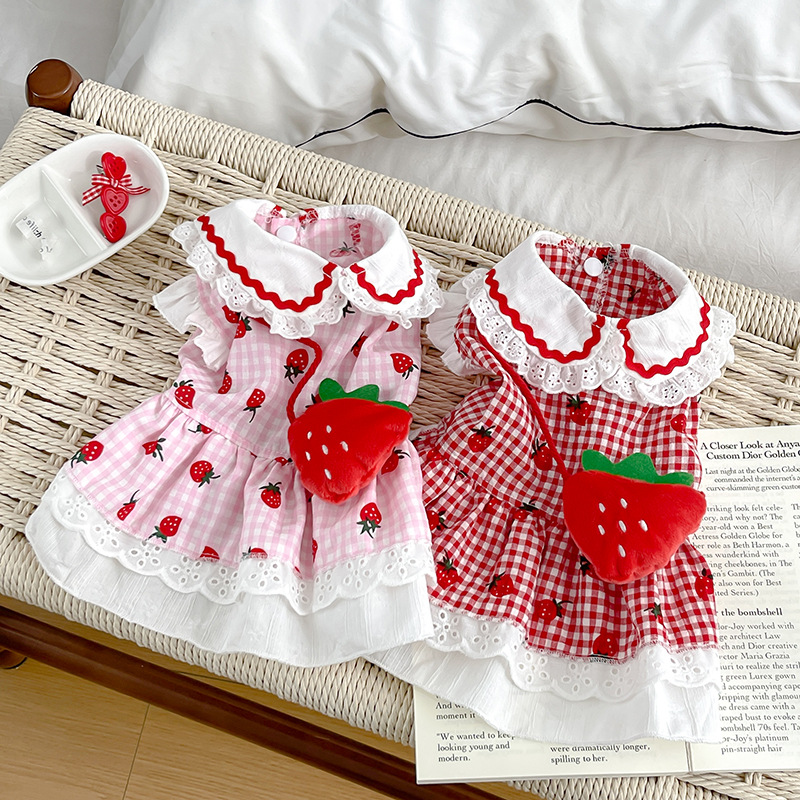 Cross-border ins wind spring and summer new strawberry dress cute cartoon dog small dog pet clothes wholesale