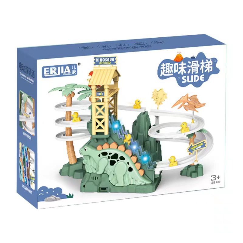 Cross-border new double track dinosaur climbing stairs dinosaur entrance adventure slide children's electric double track toy