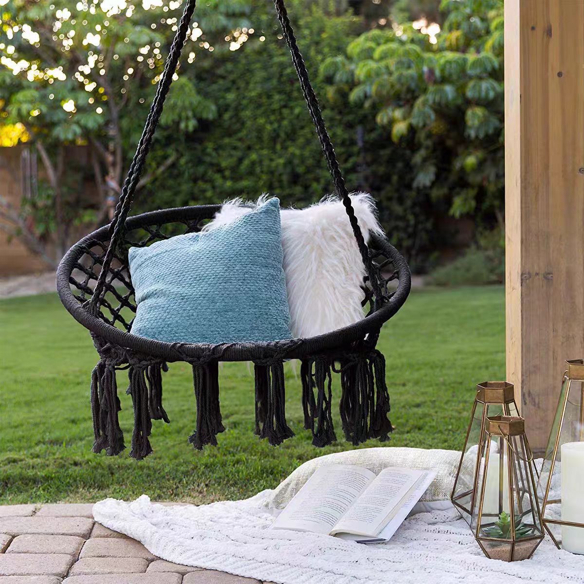 Scandinavian Internet Celebrity Popular Hanging Basket Outdoor Cotton Rope Hanging Chair Balcony Cradle Chair Indoor B&B Tassel Qiqian