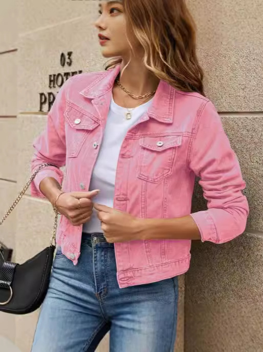 2024 new cross-border European and American fashion trend lapel pocket single-breasted short Denim coat jacket
