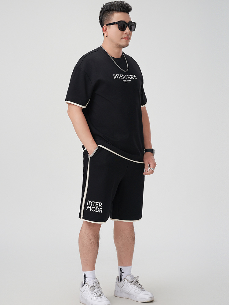 [Breaking Code] Plus Size Men's Summer Foam Printed Fake Two-Piece Loose Short-Sleeved Shorts American Casual Suit for Men