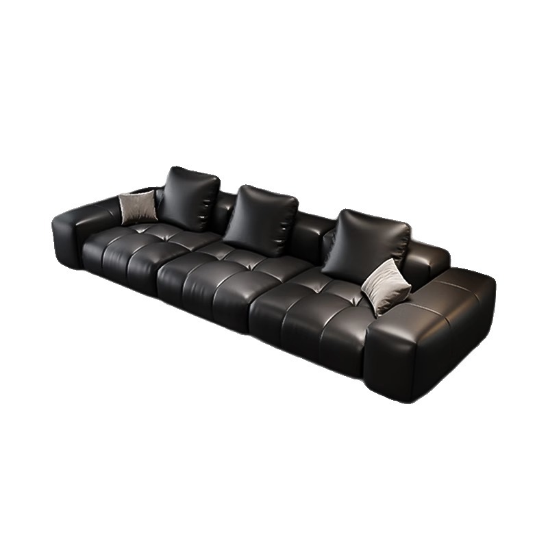 Italian Minimalist Pixel Leather Sofa for Living Room, Top-Grain Cowhide, Black, High-End Leather Art, Straight-Row Modular Combination