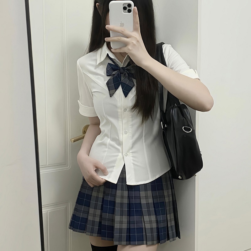 Summer Original Jk Uniform Waist White Shirt Women's Short-Sleeved Sexy Preppy Style Shirt Dog Short Plaid Skirt Suit Autumn