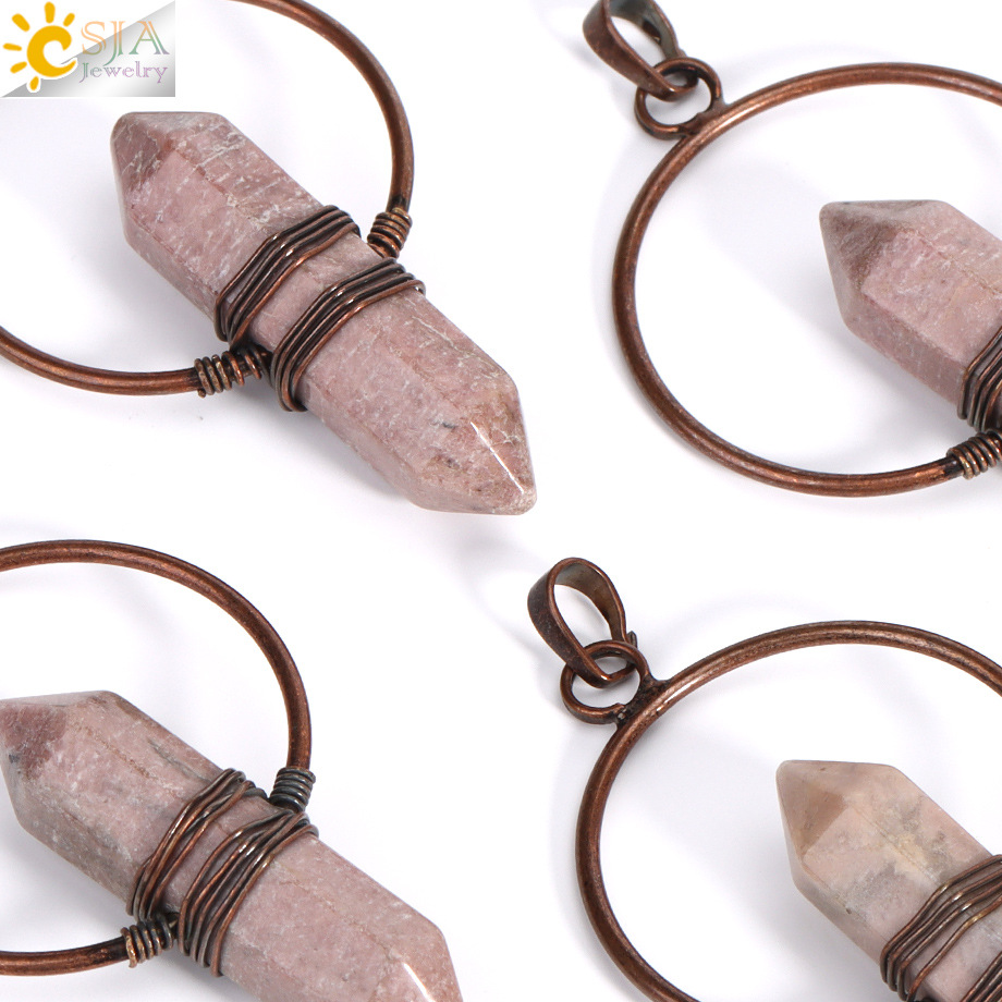 European and American Retro Red Copper Winding Round Pendant Natural Red Stripe Stone Crystal Hexagon Pillar Spirit Pendulum DIY Jewelry Accessories