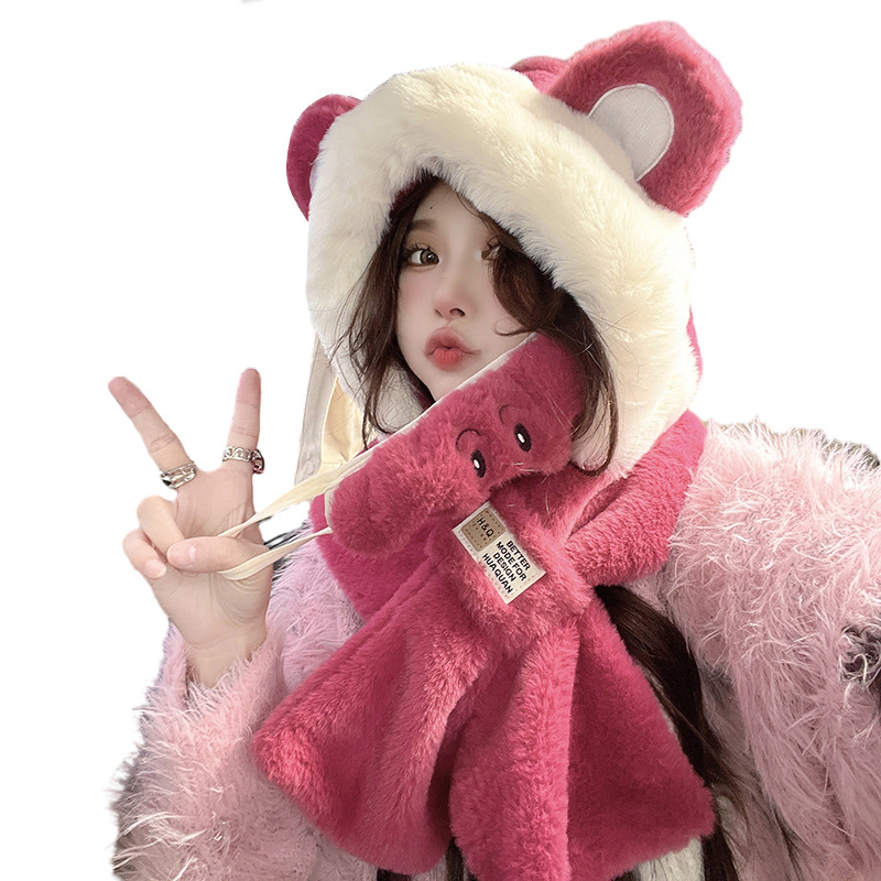 Strawberry Bear Hat Winter Scarf One-piece Thickened Warm Plush Multi-piece Set Explosion Windproof Cold Bike Necessary