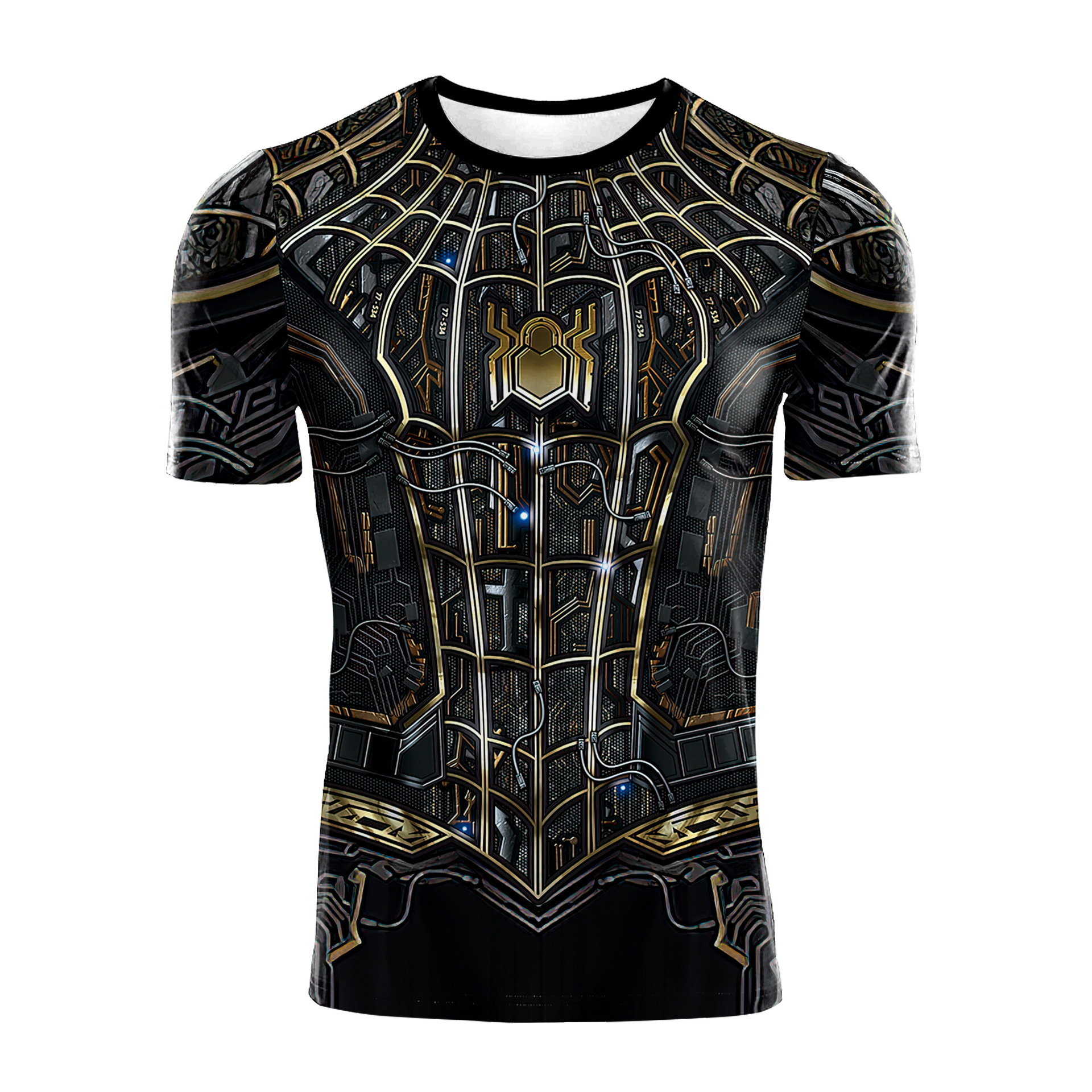 2025 Cross-Border Foreign Trade New Model Marvel Spider Web Print Black and Gold Tight-Fitting Short-Sleeved T-Shirt Casual Sports Fitness Quick-Drying
