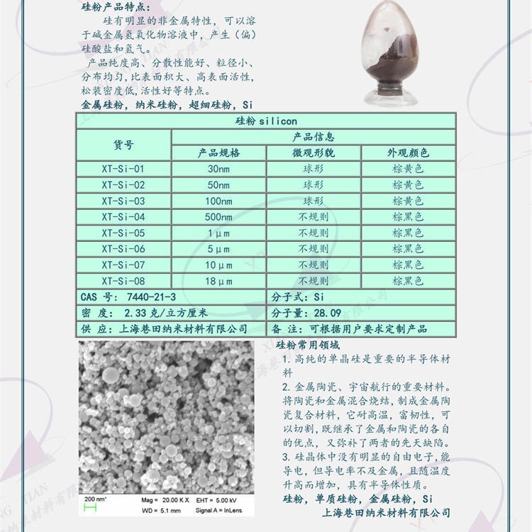 Nano Silicon Powder 50Nm Lithium Battery Material High Purity Ultrafine Silicon Powder and 15-53 Capsuless Spherical Silicone Powder