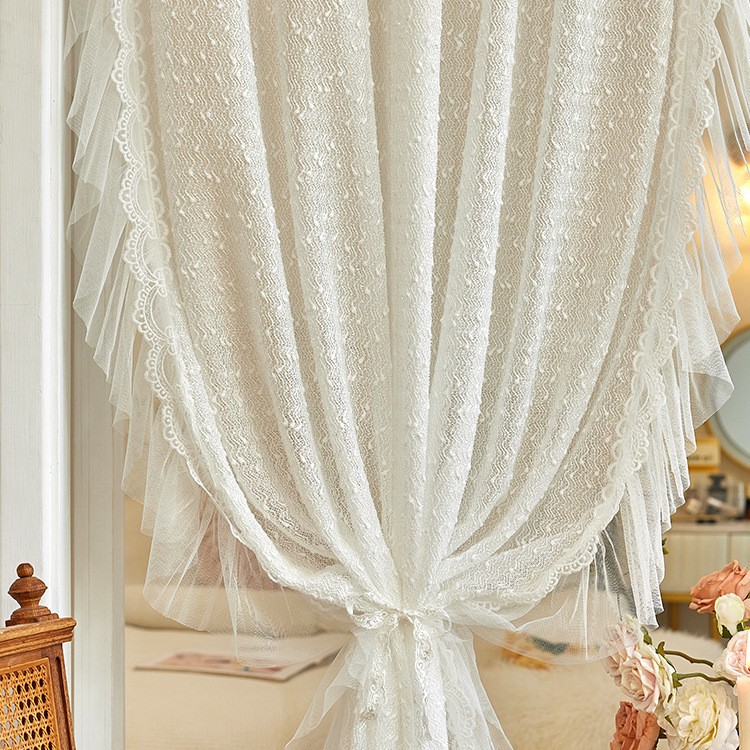 Chanel-Style Solid Color Lace Sheer Curtain, No-Drill Magic Tape Bedroom Bay Window High-End Partition Door Curtain with Rod