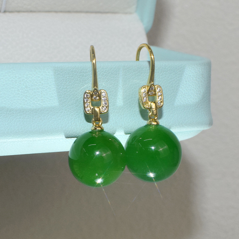 Natural Emerald Ear Hook Ice Red Agate Money Rolling Earrings Retro New Chinese Women's Earrings Supply Wholesale