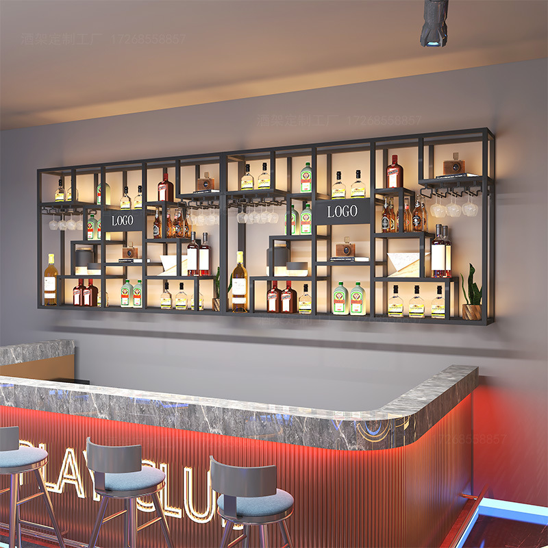 Industrial Style Storage Display Rack Bar Wall Wine Cabinet Storage Rack Restaurant Wine Rack Wall-Mounted Bar Table Wine Rack