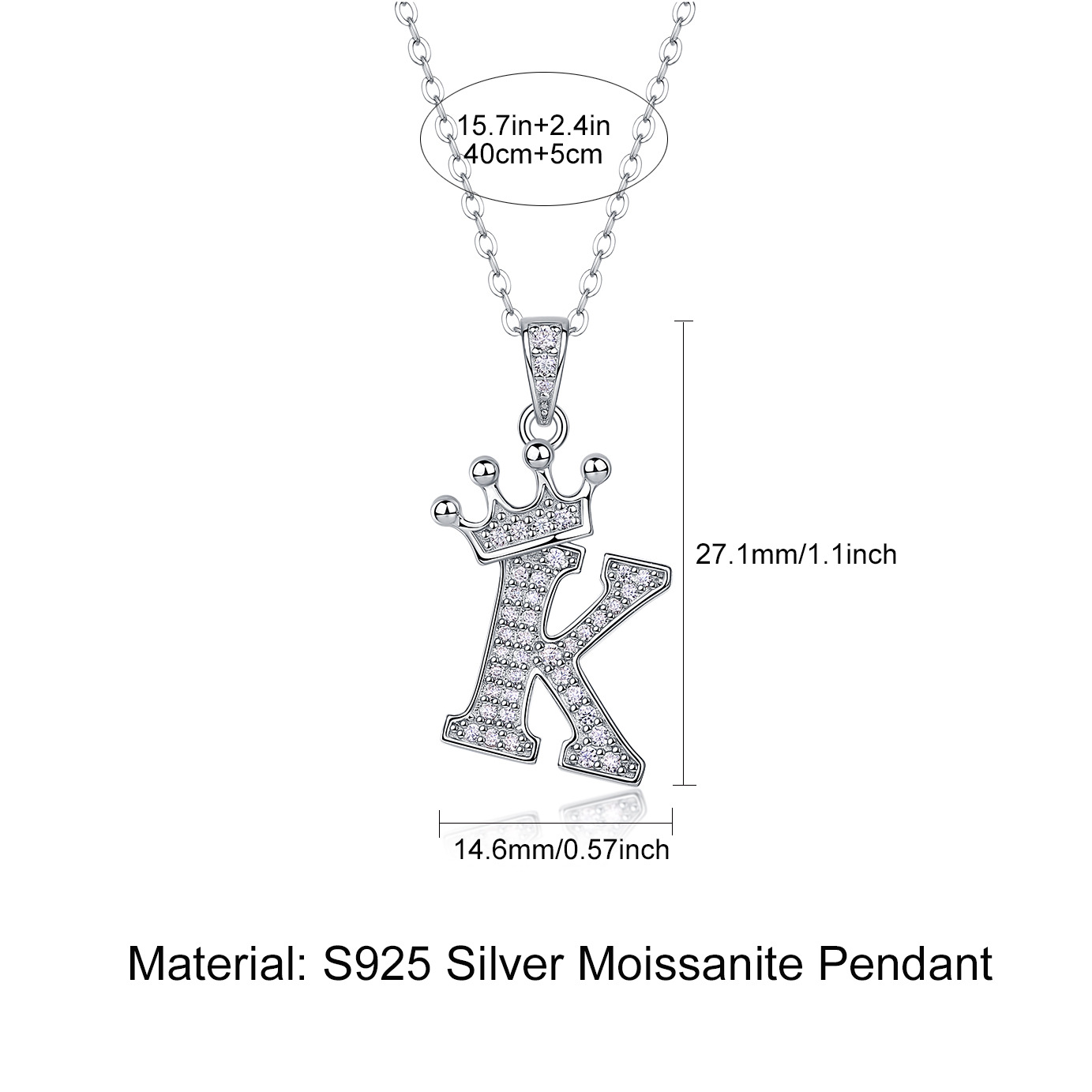 Cross-border Hot Fashion Crown 26 English Letter Pendant Necklace S925 Silver Mosan Men's and Women's Hip-hop Personalized Pendant