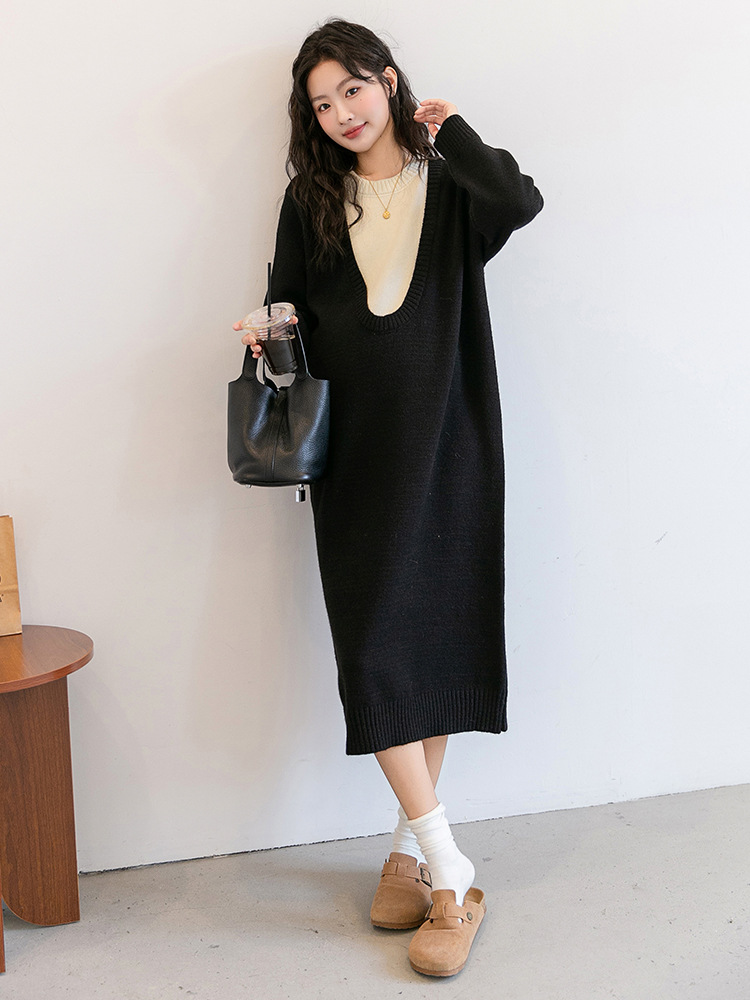 Autumn and Winter Pregnant Women's Skirt Korean-style Fake Two-piece Pregnant Women's Dress Loose plus size Long Pregnant Women's Sweater Casual Slimming