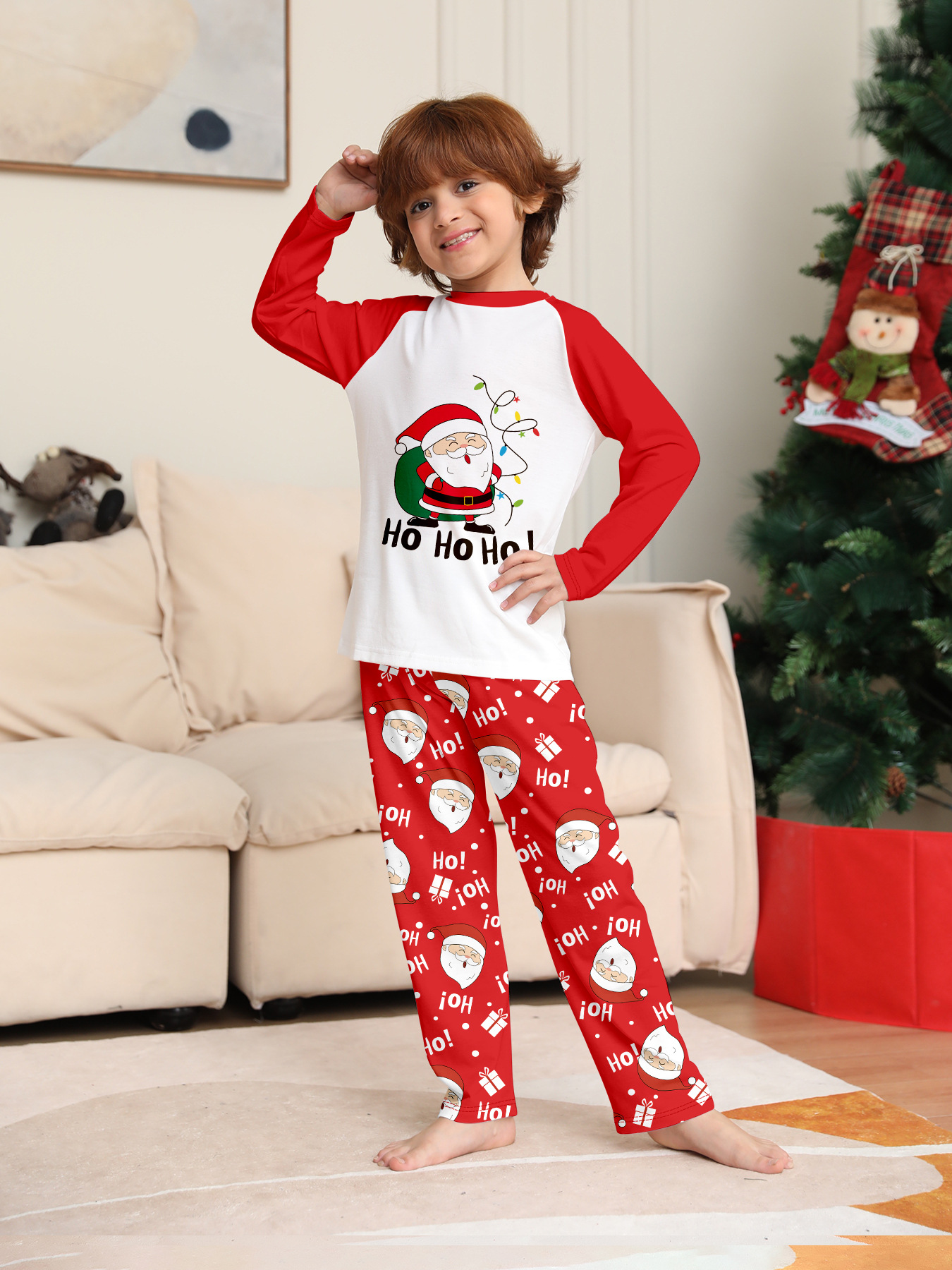 Foreign Trade European and American New Santa Claus Printed Round Neck Raglan Sleeves Red and White Contrasting Color Family Home Wear Pajamas Set