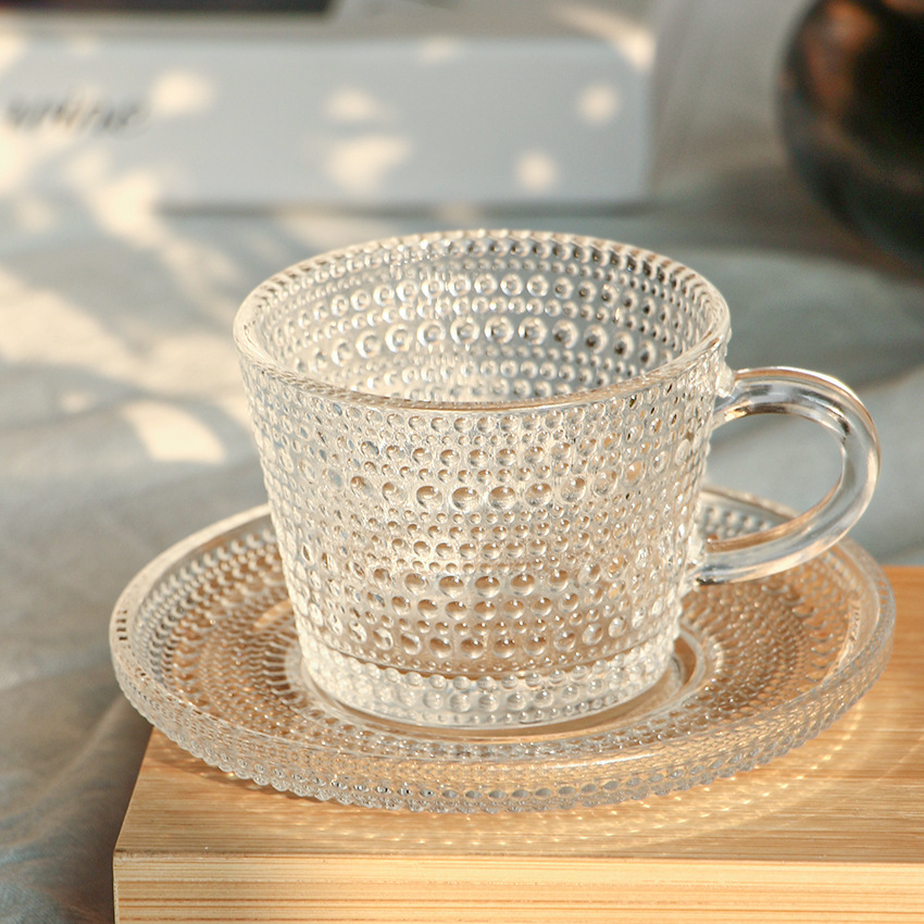 Red Tea Cup Coffee Glass Set Six Cups Six Saucers Cross-Border Vertical Pattern Relief Pattern Coffee Cup Black Tea Cup