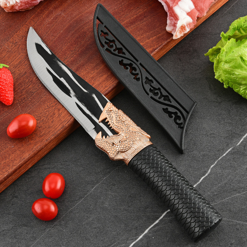 Forging Boning Knife Longquan Dragon Head Longscale Household Sharp Killing Pig Peeling Knife Hand Handle Meat Baking Knife with Leather Cover