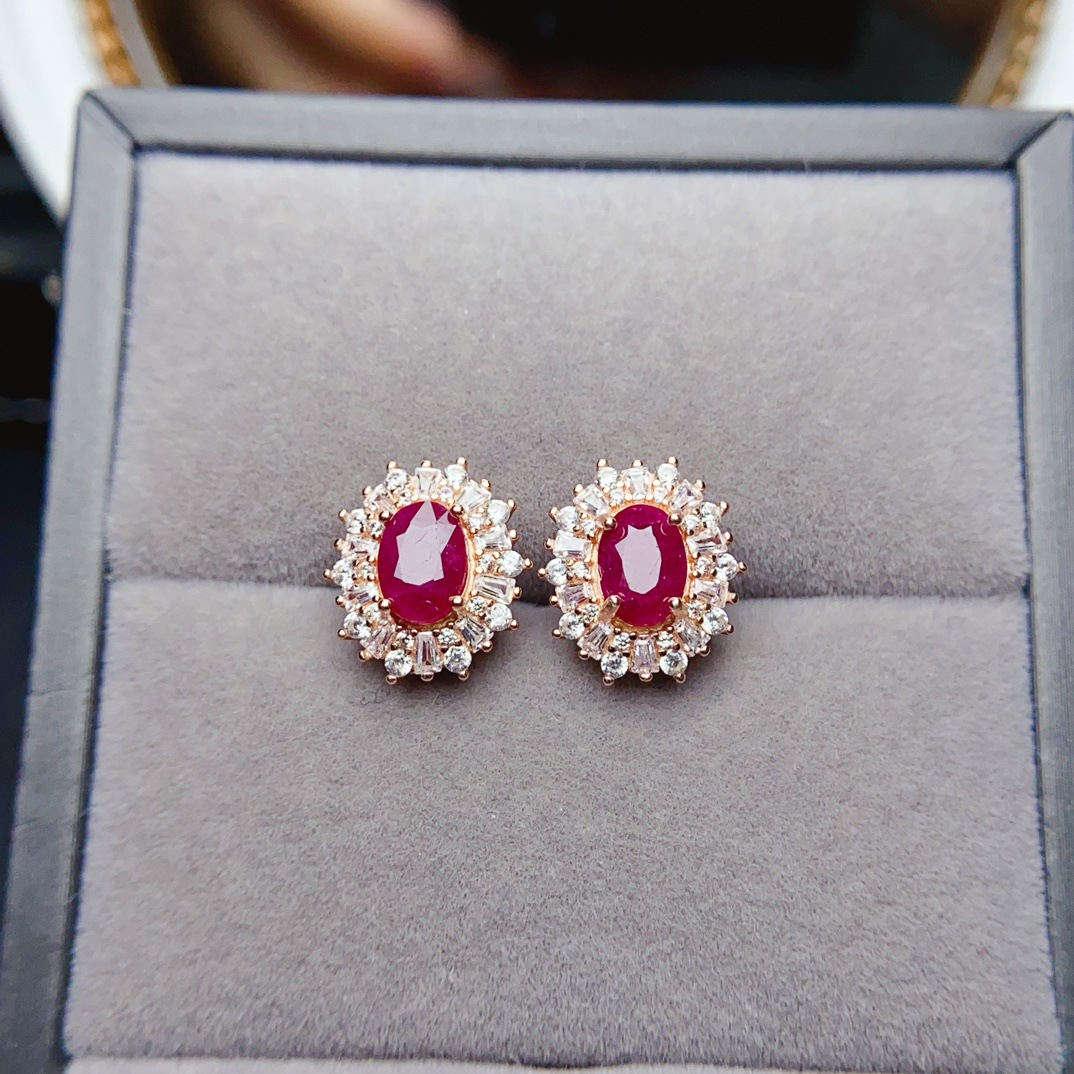 Amazon Cross-Border Supply of Natural Ruby S925 Silver Earrings Niche High-End 5*7 Earrings Factory Wholesale
