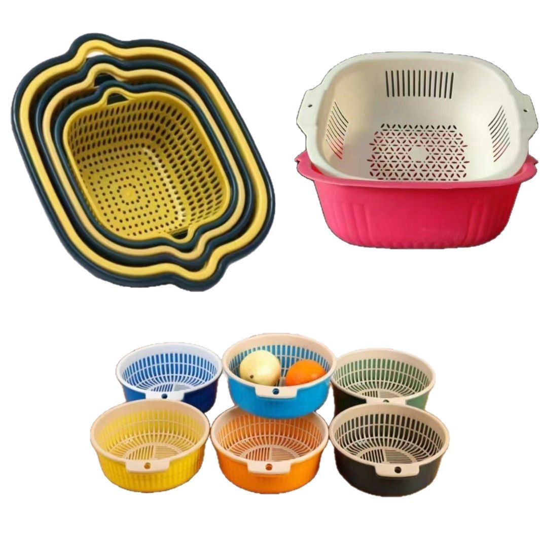 Double-layer Draining Basket Vegetable Washing Basin Kitchen Fruit Basket Plastic Hollow Draining Rice Washing Vegetable Draining Basket
