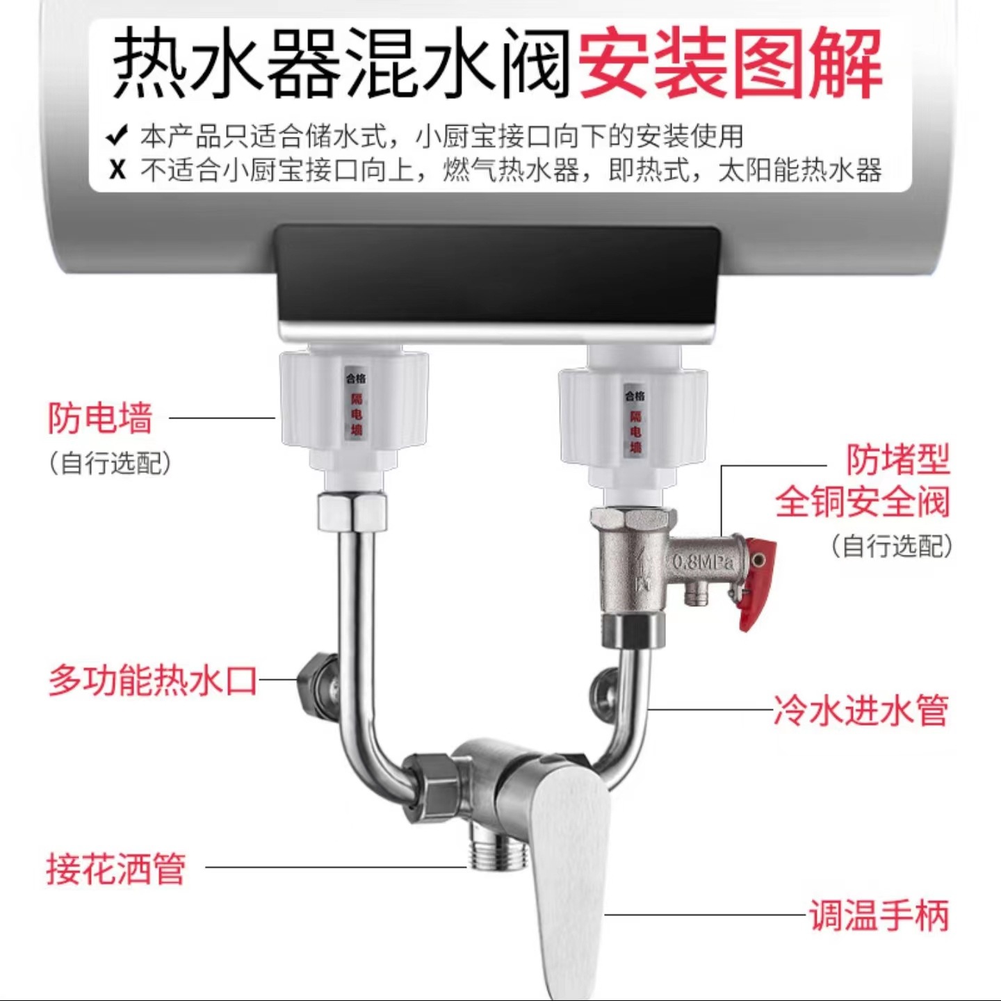 All copper mixing valve open switch water heater accessories household bathroom shower faucet electric water heater mixing valve