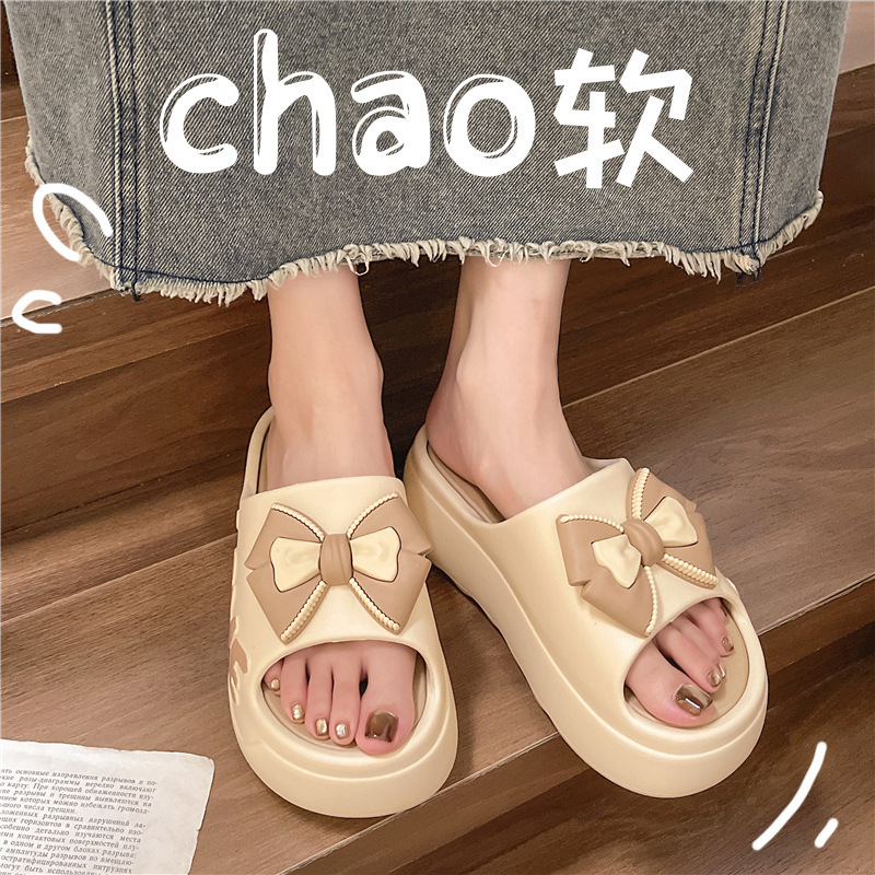 Women's Thick Slippers for Summer Indoor Household Fashionable Bow Ins Style Height-increasing Sandals and Slippers for Bathroom Non-slip Outer Wear