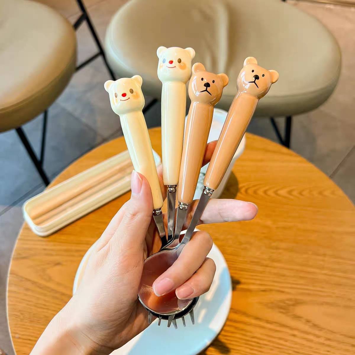 Chopsticks spoon fork three-piece set cute adult student office worker stainless steel outdoor convenient tableware suit