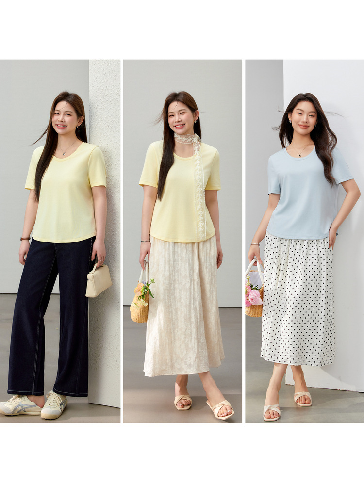 [Oxygen in Summer] Orofeng Lyocell Round Neck T-Shirt Slim Show Plus Size Women's Fat Mm2025 Summer New Style