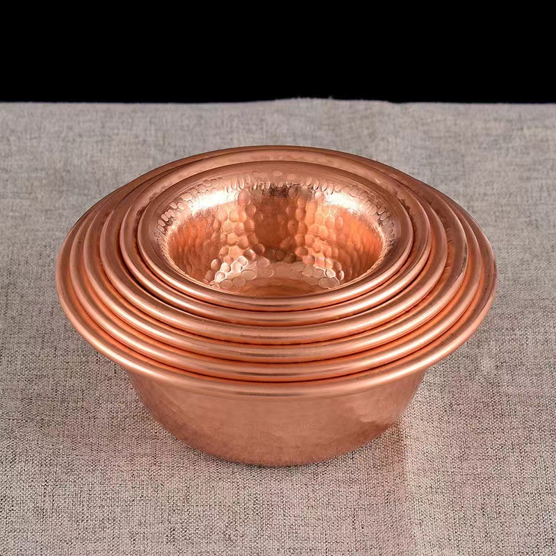 Ethnic Style Hand-Pulled Embossed Red Copper Hammered Pattern Water Supply Bowl Home Decoration Glossy Embossed Water Supply Bowl Portable