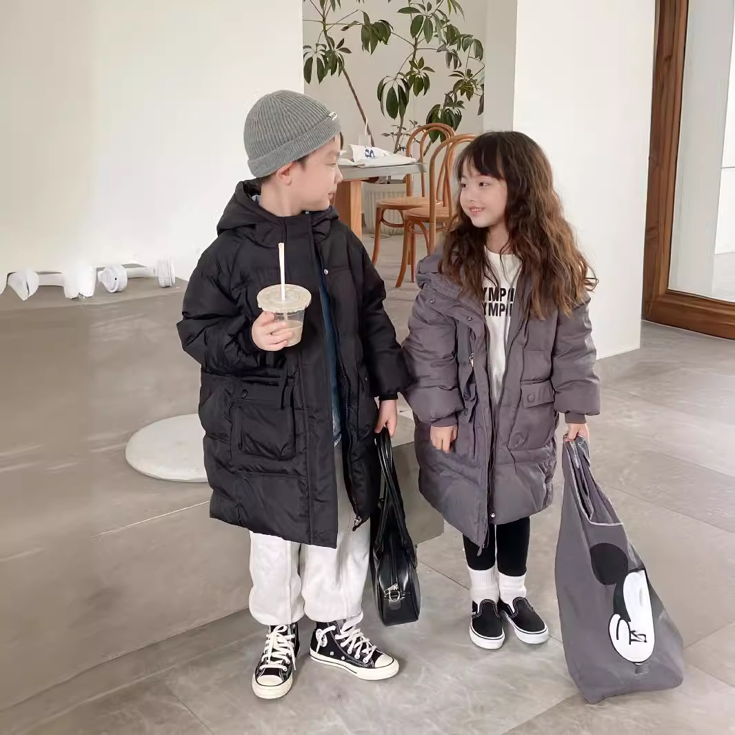 Children's Mid-Length down Jacket New Style Korean Style Hooded Winter down Jacket for Boys and Girls, Middle and Large Kidsren