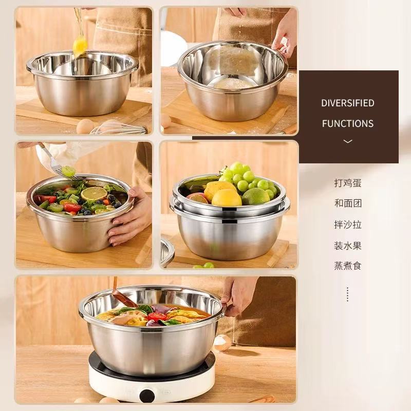 304 Stainless Steel Basin Round Household Soup Basin Egg Beating Basin and Basin Food Grade Seasoning Jar Vegetable Washing Basin Wholesale Basin