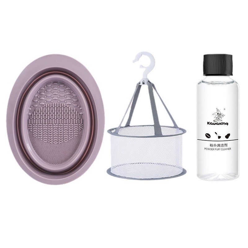 Beauty Egg Powder Puff Cleaning Makeup Brush Cleaner Silicone Folding Washing Bowl Net Pocket Cleaner Three-Piece Set Wholesale